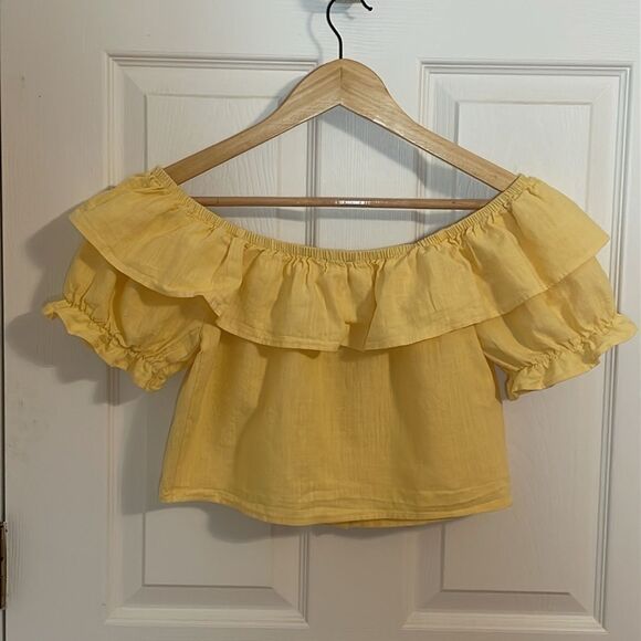 TopShop Linen Crop Top, Golden Yellow Ruffled blouse, 8 - Picture 5 of 8